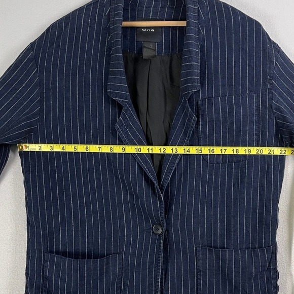 Smythe Navy Blue Pinstripe Linen Blend Blazer Jacket Womens Large Made in Canada - Picture 9 of 11